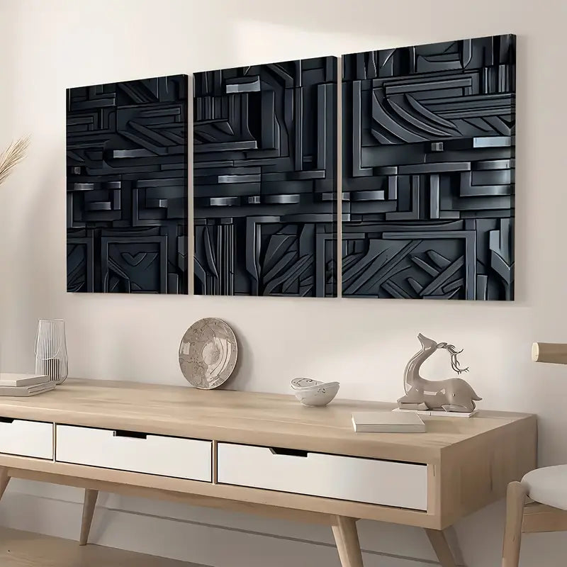 3pcs Dark Style Modern Fashion Abstract Art Geometric lines Wall Art Set Canvas Framed 40x60cm - High Quality Print 100% Australian Made Wall Canvas Ready to Hang