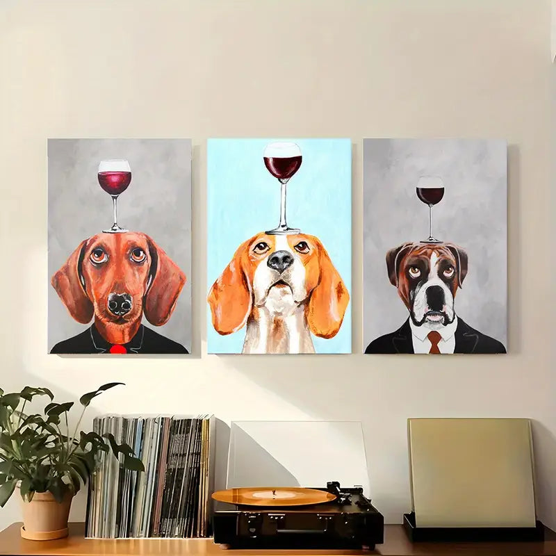 3pcs Featuring Dogs in Suits with Wine Glasses on Their Heads Metal Print Ready to Hang Art