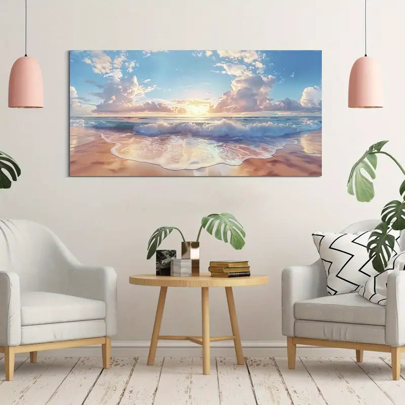 Beach Ocean Blue Waves Sunset Wall Art canvas office home room framed 120x60cm