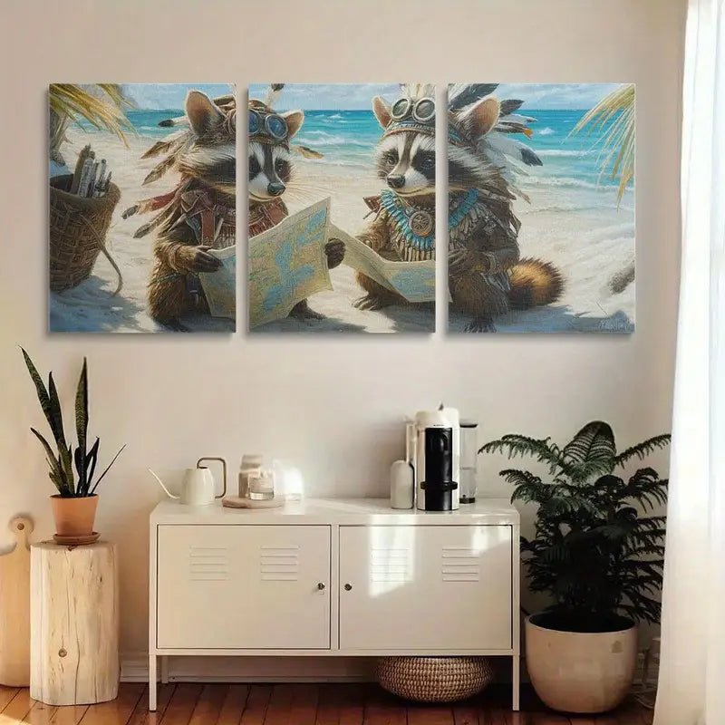 3pcs Adorable Raccoon Inspired Feathered Headdress Metal Print Ready to Hang Art