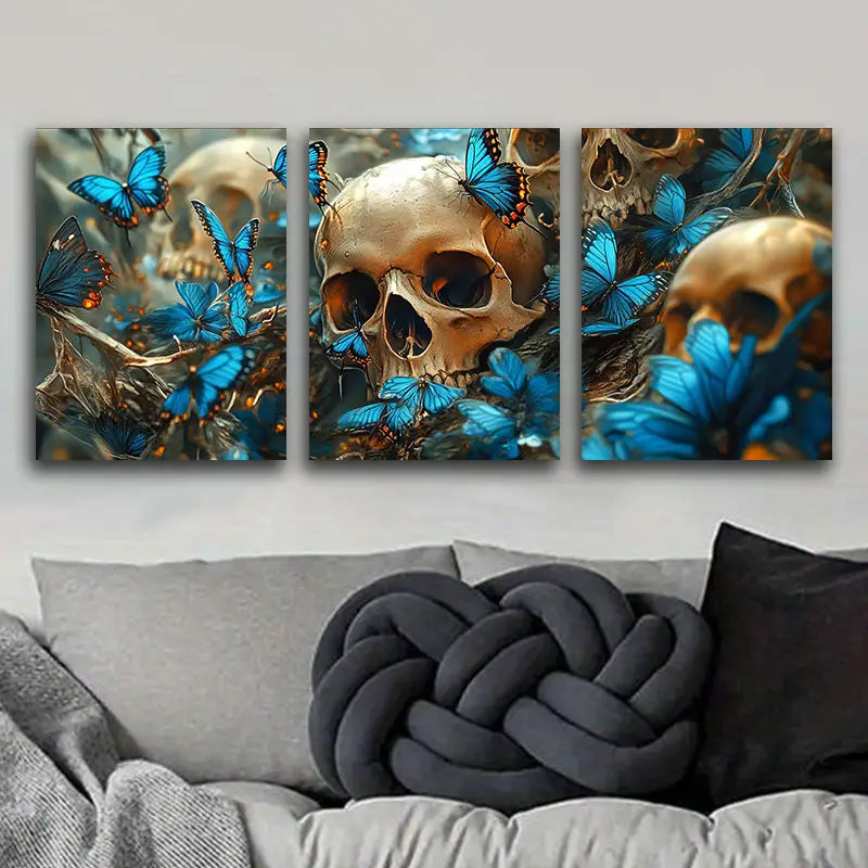 3pcs Skulls and blue flowers with butterflies Metal Print Ready to Hang Art
