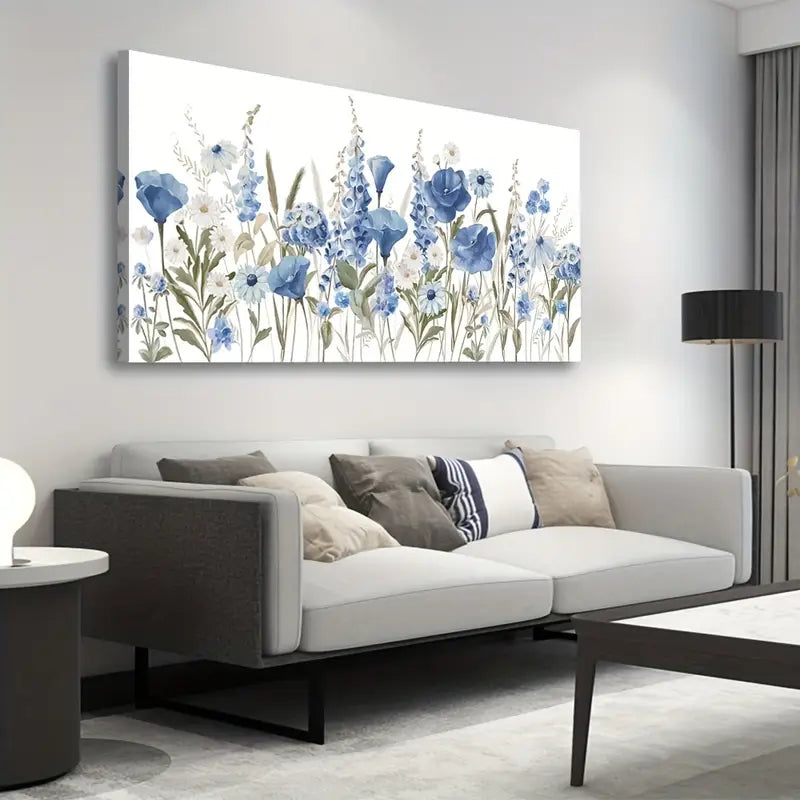 Elegant Blue Floral Rustic Wall Art canvas office home room framed 120x60cm