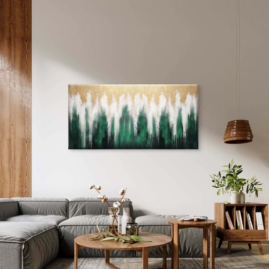 Abstract Emerald Green Metallic Gold Wall Art Canvas Office Home Framed 80x45cm