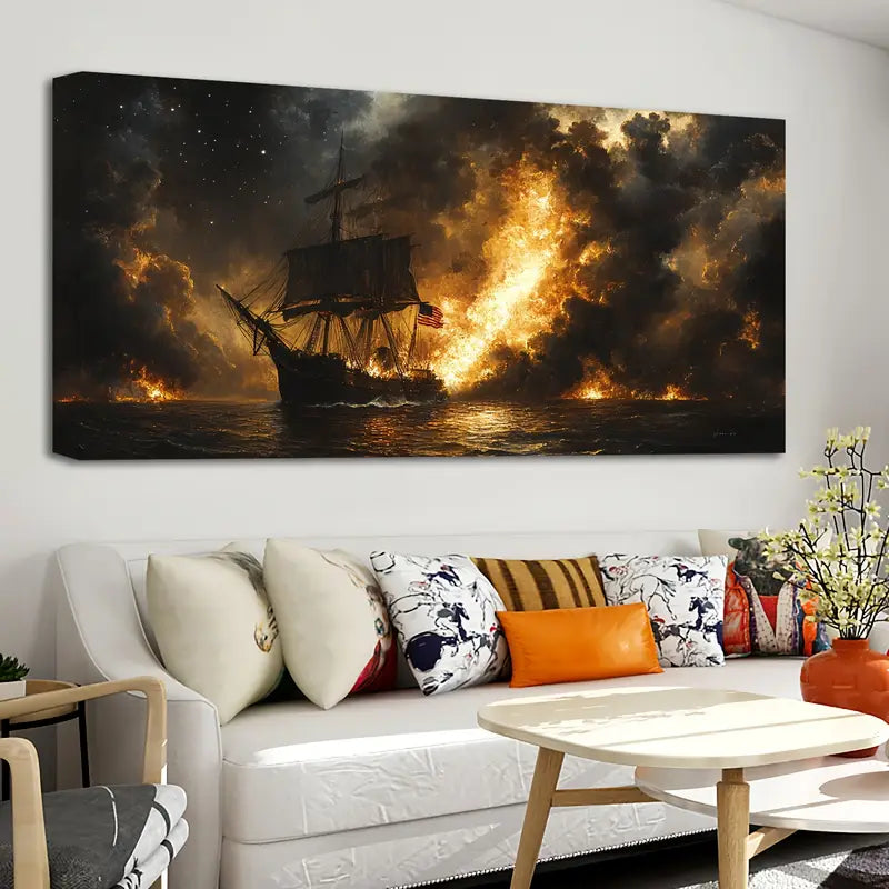 Burning Sailing Ship at Sea Wall Art wall canvas office home room framed 120x60cm