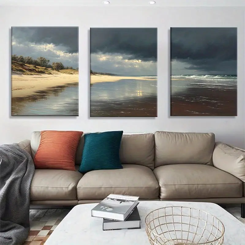 3pcs Stormy Beach Moody Sky Wet Sand & Gentle Waves Metal Print Ready to Hang Art