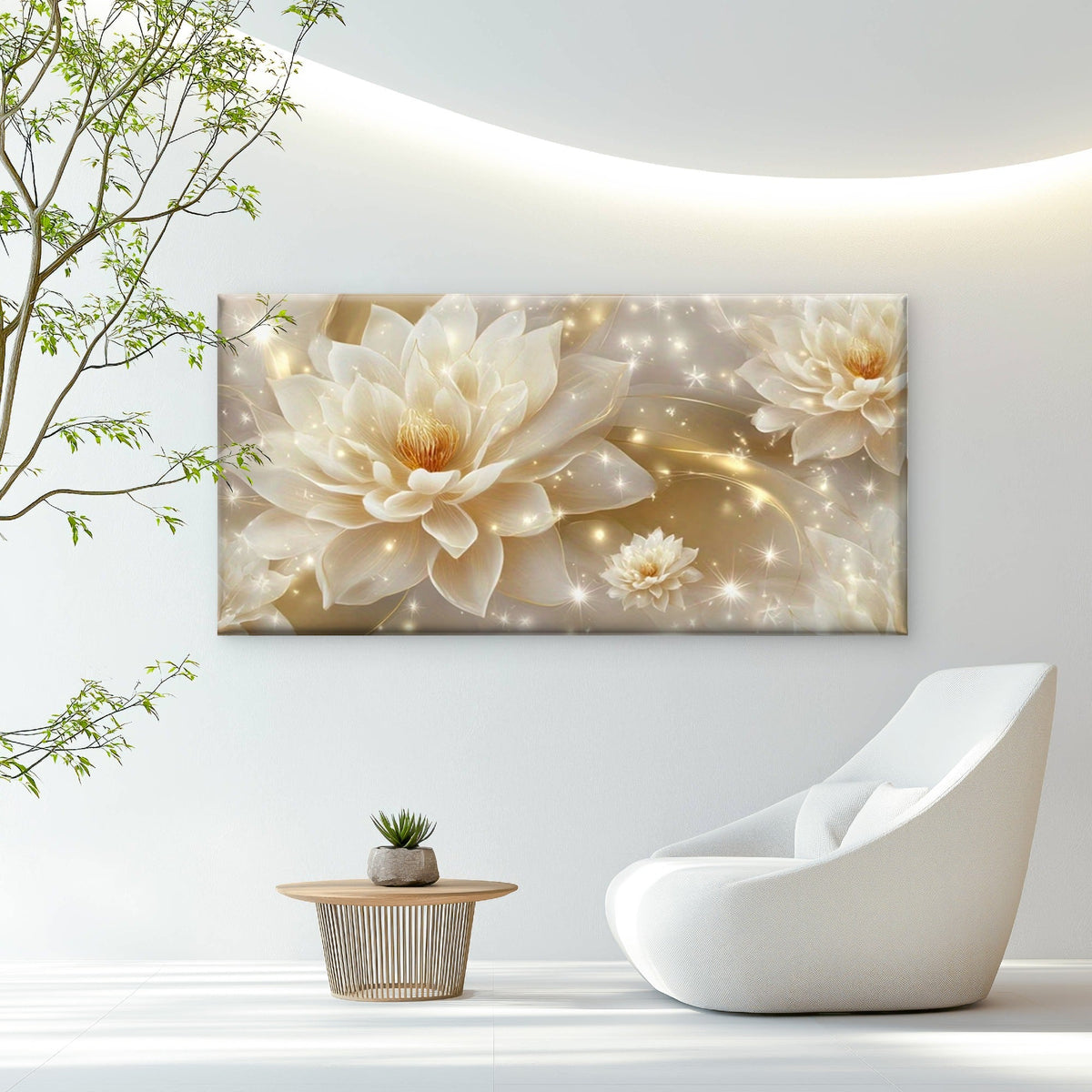 Golden for Lotus & Sparkling Wall Art Canvas Office Home Room Framed 80x45cm