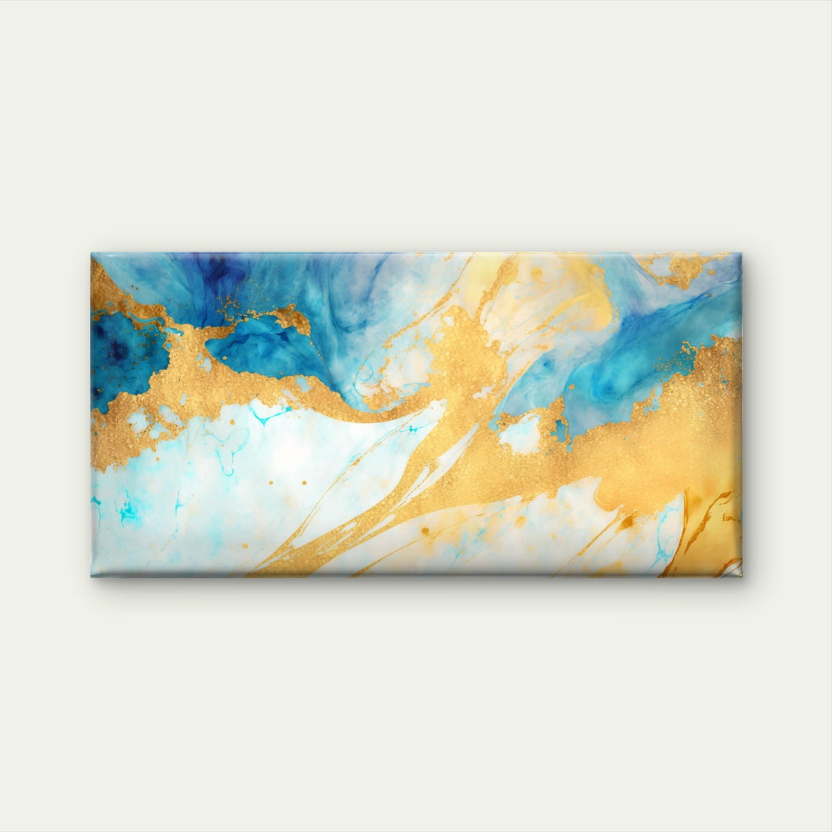 Azure Gold Fluid Drift Wall Art Canvas Office Home Room Framed 80x45cm