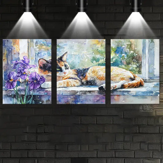 3pcs Watercolor Painting of a Cat on a Windowsill Metal Print Ready to Hang Art