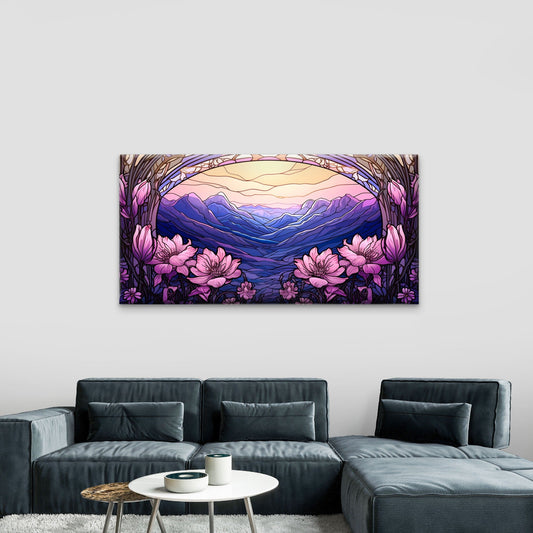 Purple Mountain Pink Floral Wall Art Canvas Office Home Room Framed 80x45cm