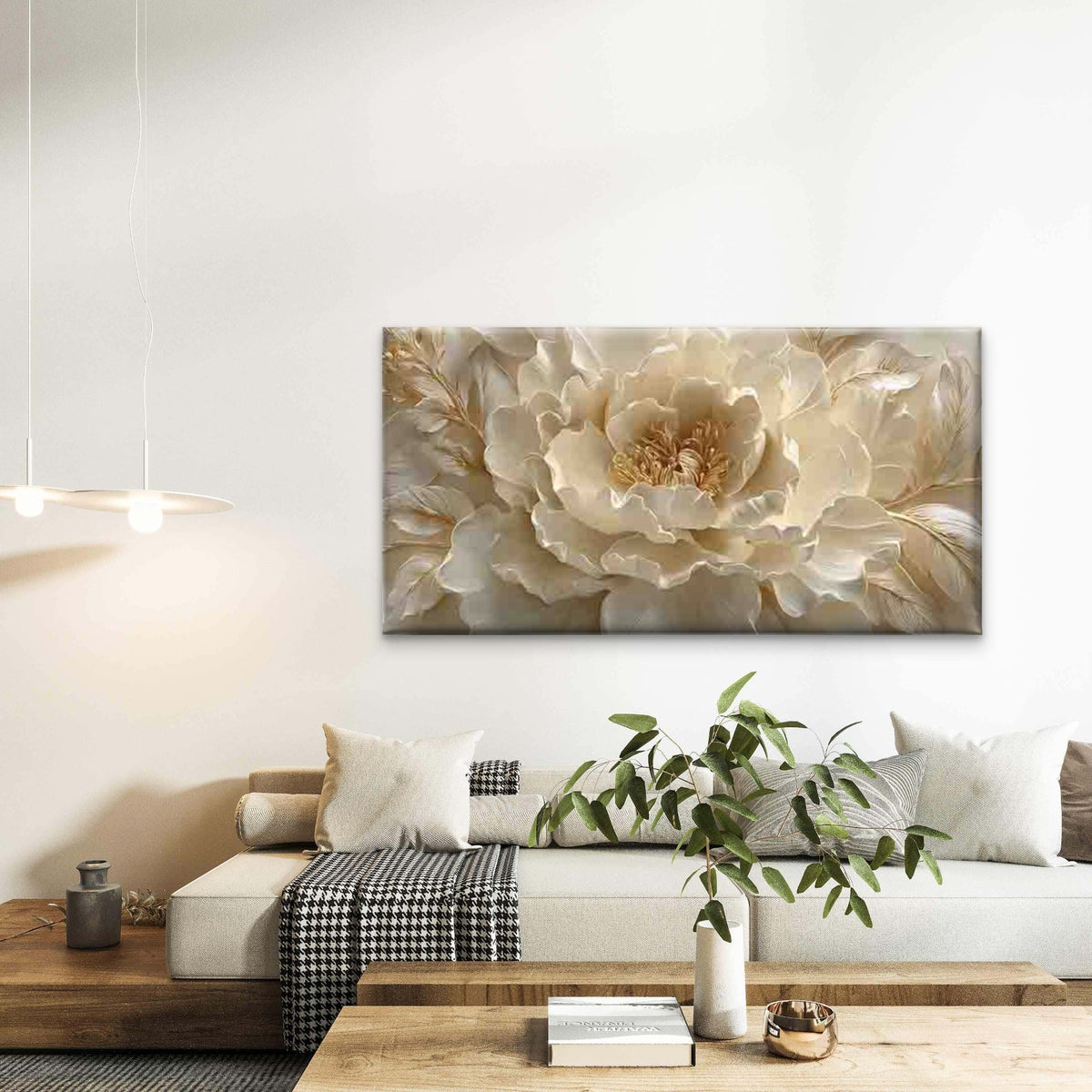 Elegant Beige Peony Blossom Wall Art Canvas Office Home Room Framed 80x45cm