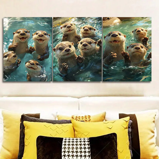 3pcs Playful Otters Metal Print Ready to Hang Art