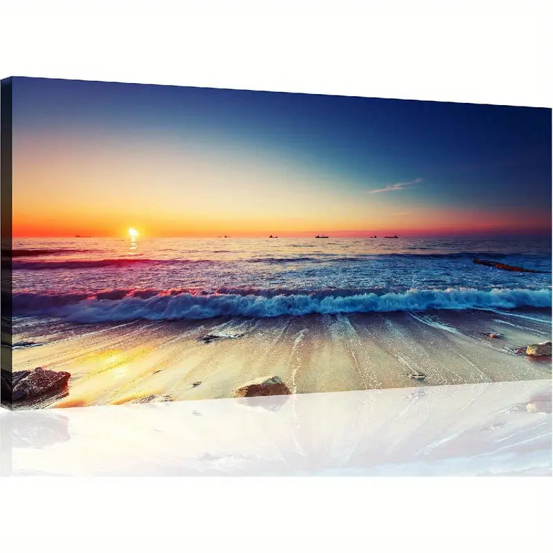 White Ocean Beach Sunrise Ocean Waves & Sandy Shore Wall Art canvas office home room framed 120x60cm