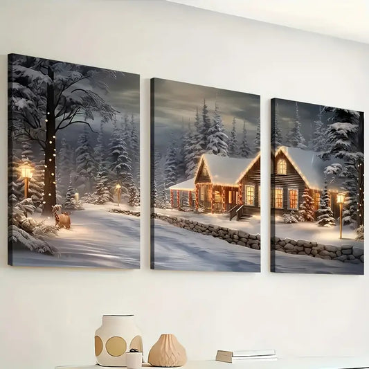 3pcs Modern Forest Igloo Landscape Art Winter Wall Art Set Canvas Framed 40x60cm - High Quality Print 100% Australian Made Wall Canvas Ready to Hang