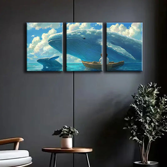 3pcs Whale and Boy Metal Print Ready to Hang Art
