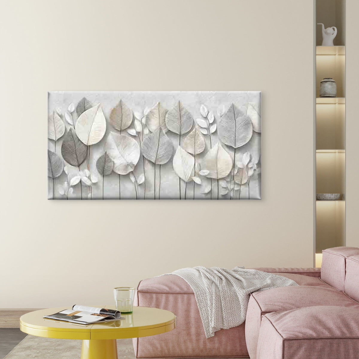 Abstract White Leaves Backgroun Wall Art Canvas Office Home Room Framed 120x60cm