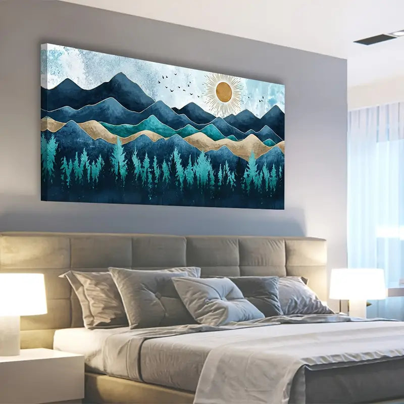 Blue Abstract Forest Mountain Rustic Vintage Nature Wall Art canvas office home room framed 120x60cm