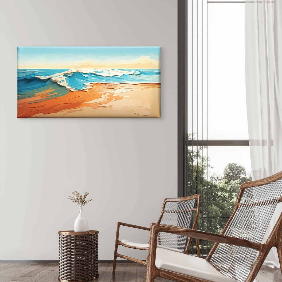 Impasto Ocean Wave Beach Seascape Textured Painting Wall Art Canvas Office Home Room Framed 80x45cm