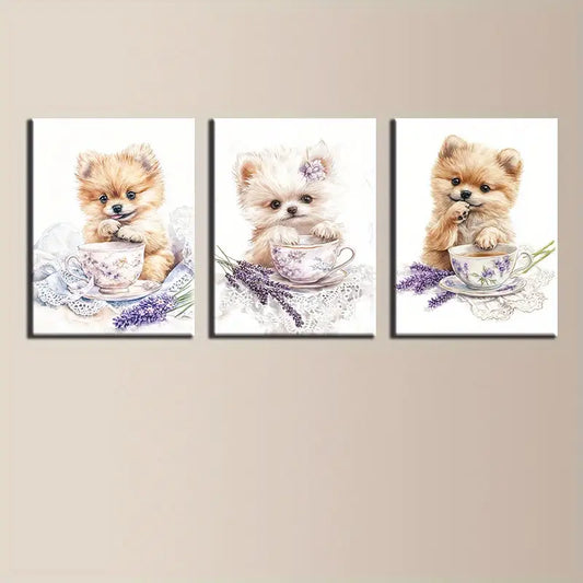 3pcs Charming Pomeranian Puppy in Teacup Metal Print Ready to Hang Art