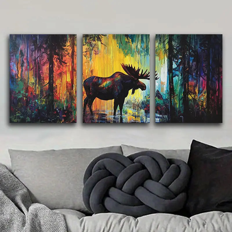 3pcs Moose in Forest Metal Print Ready to Hang Art