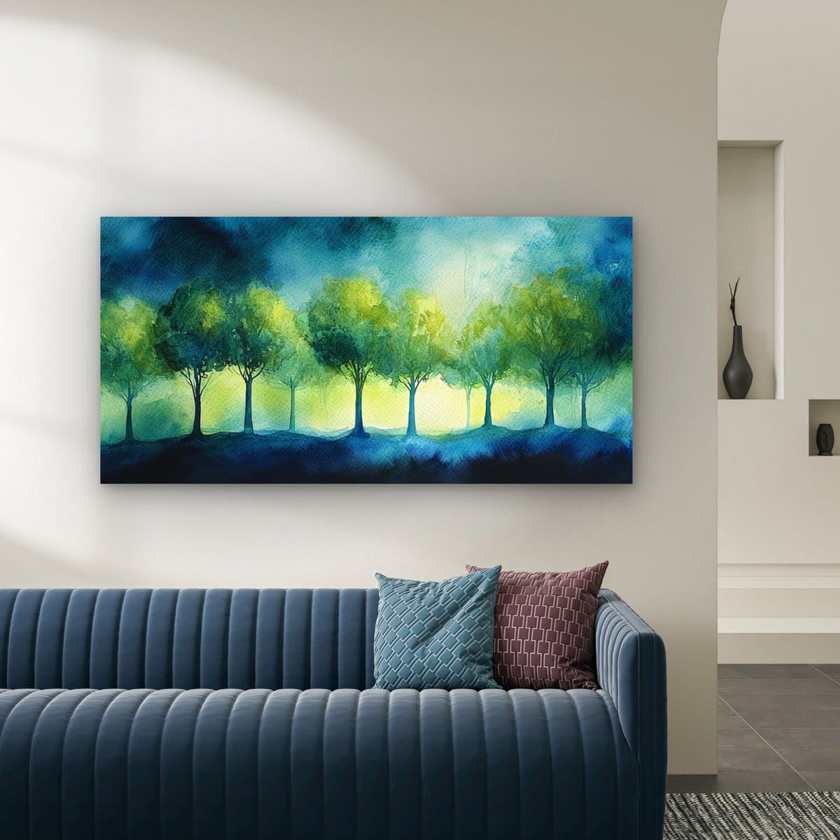Watercolor Forest Trees Nature Wall Art Canvas Office Home Room Framed 120x60cm