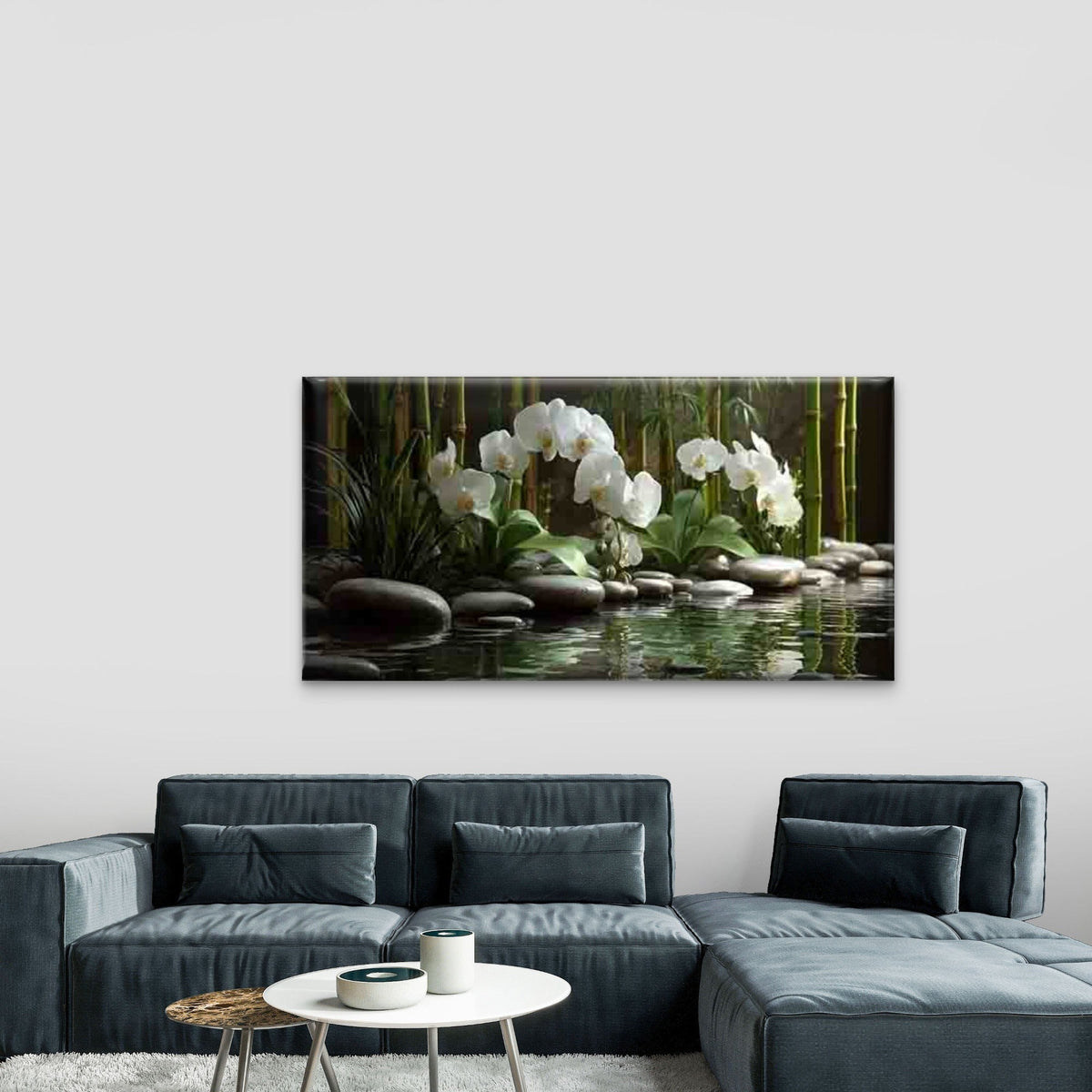 Bamboo Pond with White Orchids Wall Art Canvas Office Home Room Framed 120x60cm