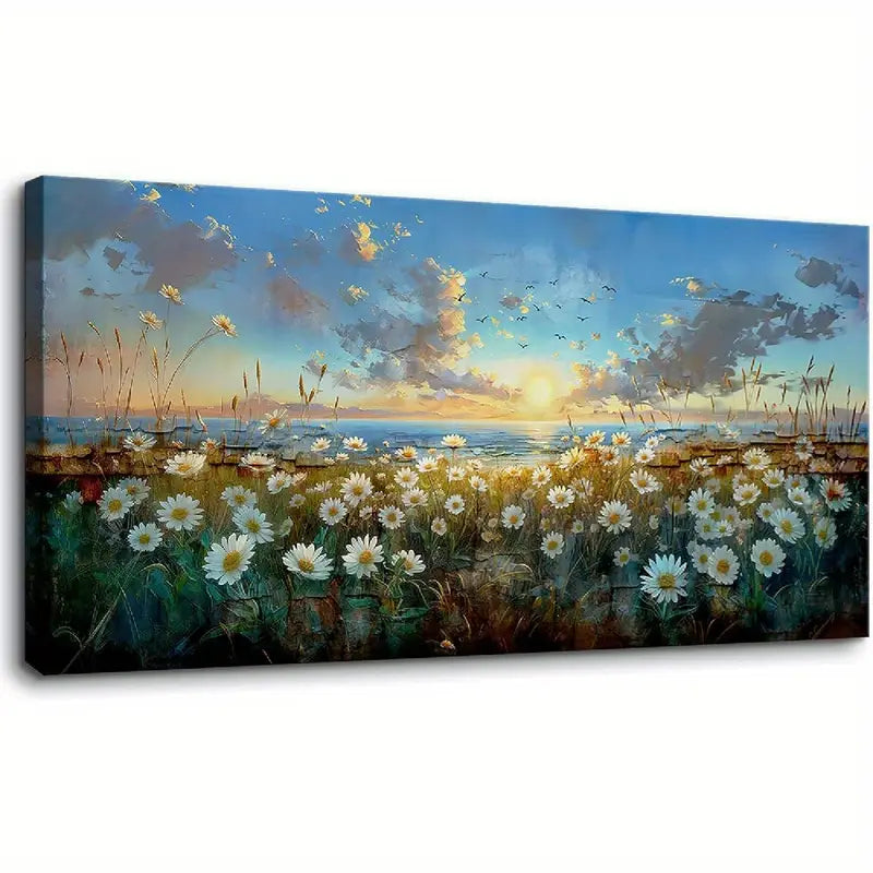 Sunset Ocean Field White Daisies Botanical Nature Wall Art canvas office home room framed 120x60cm