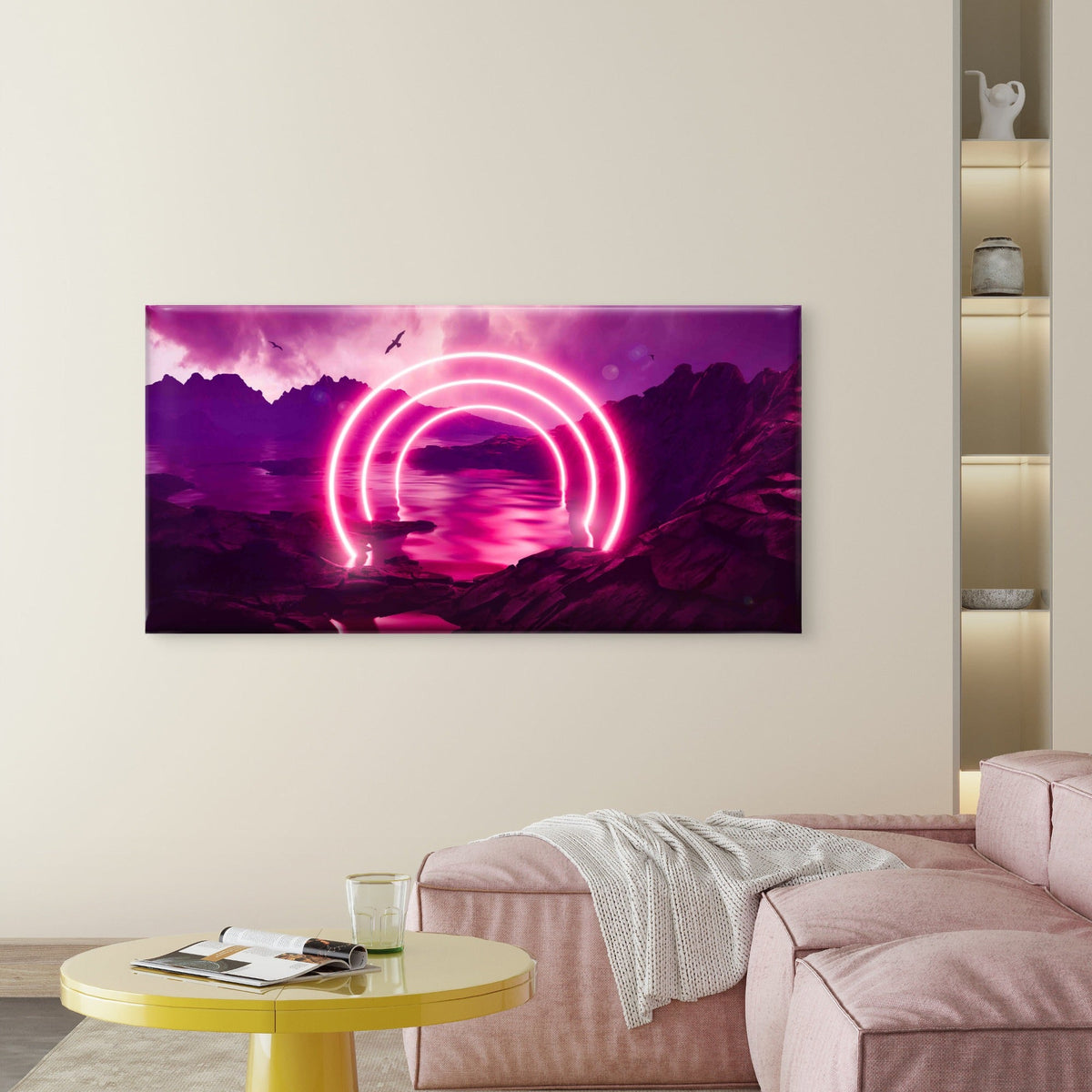 Glowing Rings in Neon Sea Wall Art Canvas Office Home Room Framed 80x45cm