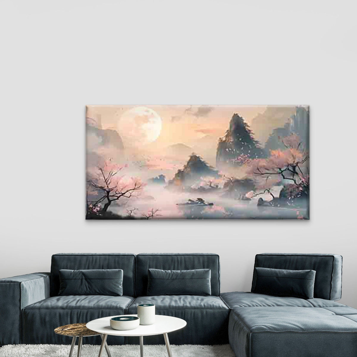 Misty Mountain & Pink Blossoms Wall Art Canvas Office Home Room Framed 120x60cm
