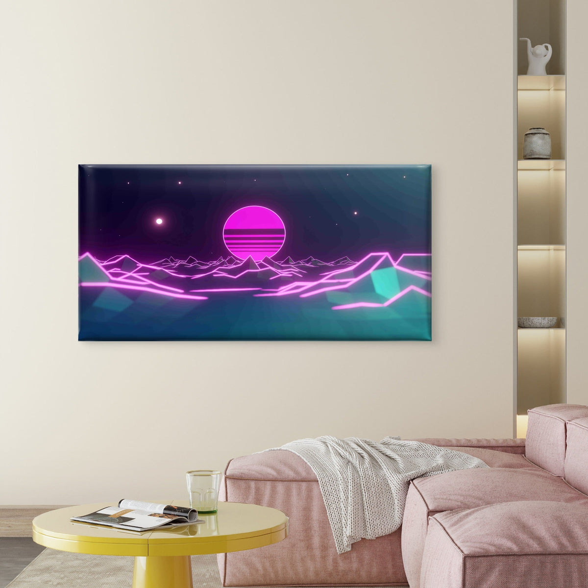 Sunset Over Neon Mountain Wall Art Canvas Office Home Room Framed 120x60cm