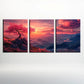 3pcs Vibrant Sunset Landscape with Pink Blooming Tree Metal Print Ready to Hang Art