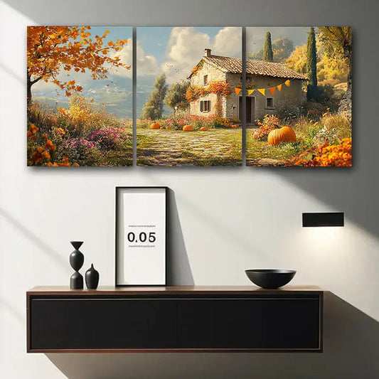 3pcs Autumn Scenery with Colorful Foliage & Pumpkins Metal Print Ready to Hang Art