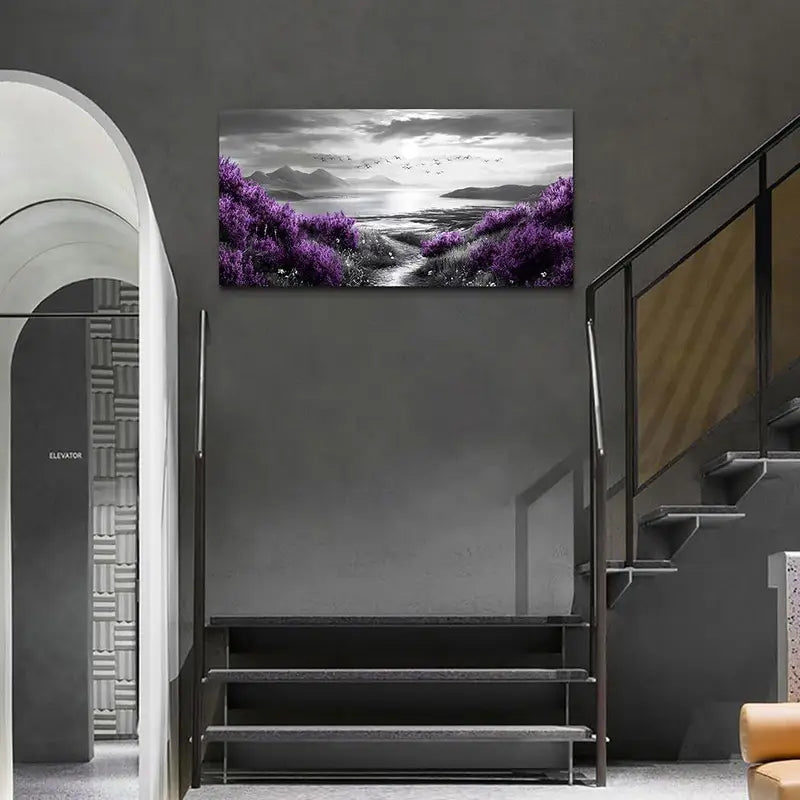 Purple Flowers & Black White Scenery Wall Art canvas office home room framed 120x60cm