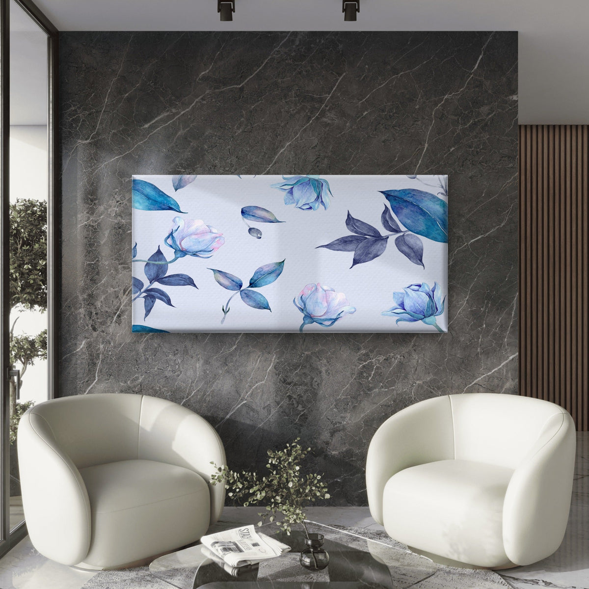 Blue Watercolor Rose Flower Wall Art Canvas Office Home Room Framed 80x45cm