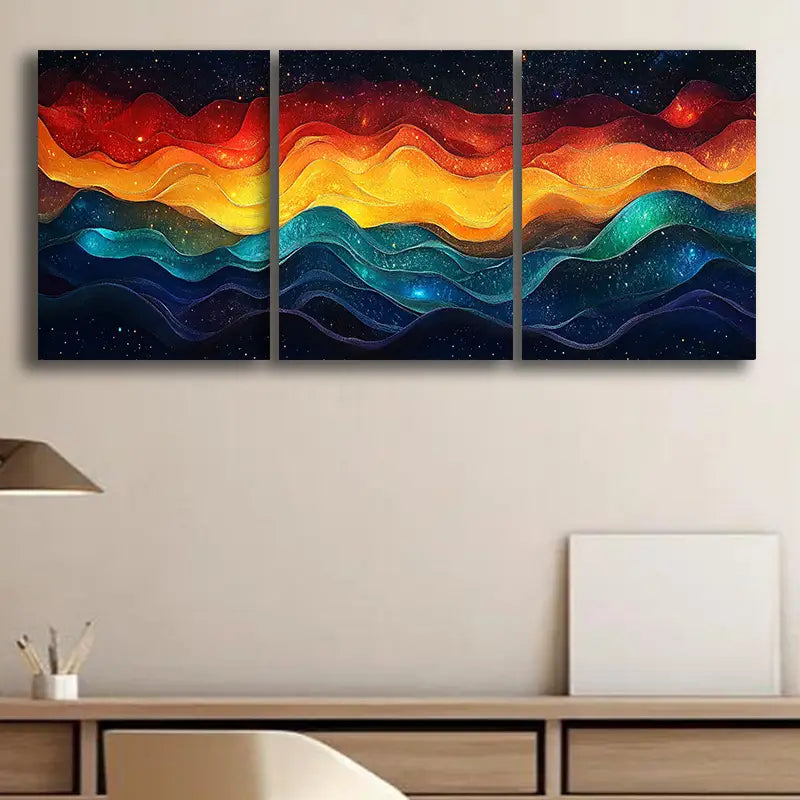 3pcs Luxurious Cloth Material, Colorful Waves Design Metal Print Ready to Hang Art