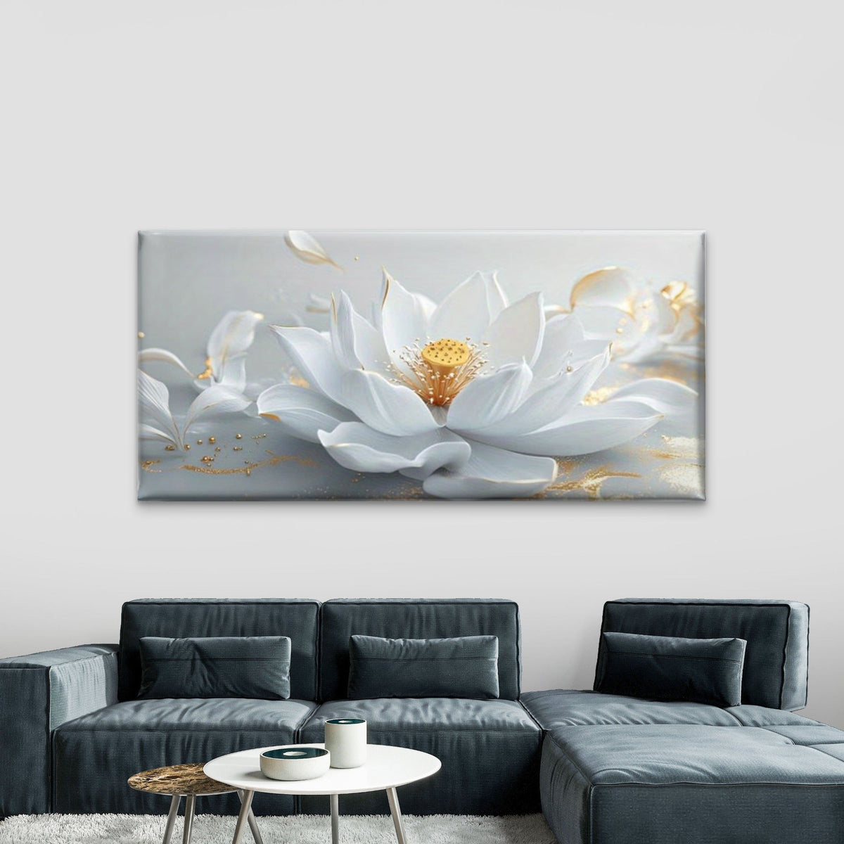White for Lotus Flower Wall Art Canvas Office Home Room Framed 80x45cm