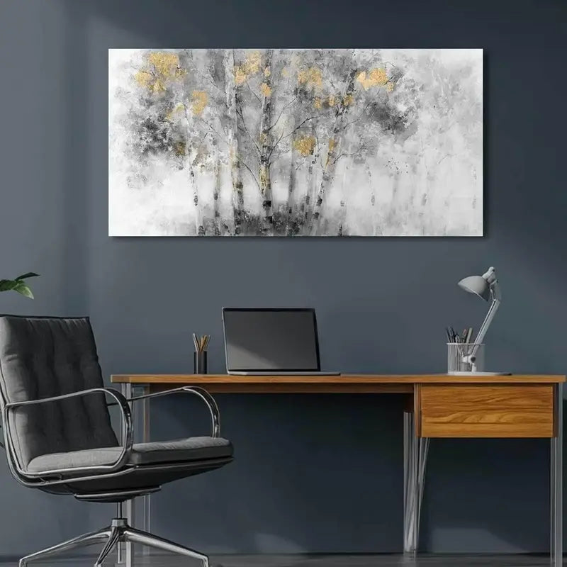 Grey & Golden Abstract Nature Wall Art canvas office home room framed 120x60cm