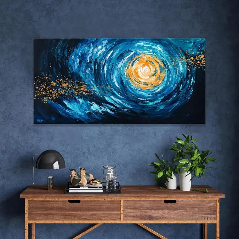 Coastal Beach Starry Nights Blue & Golden Wall Art canvas office home room framed 120x60cm