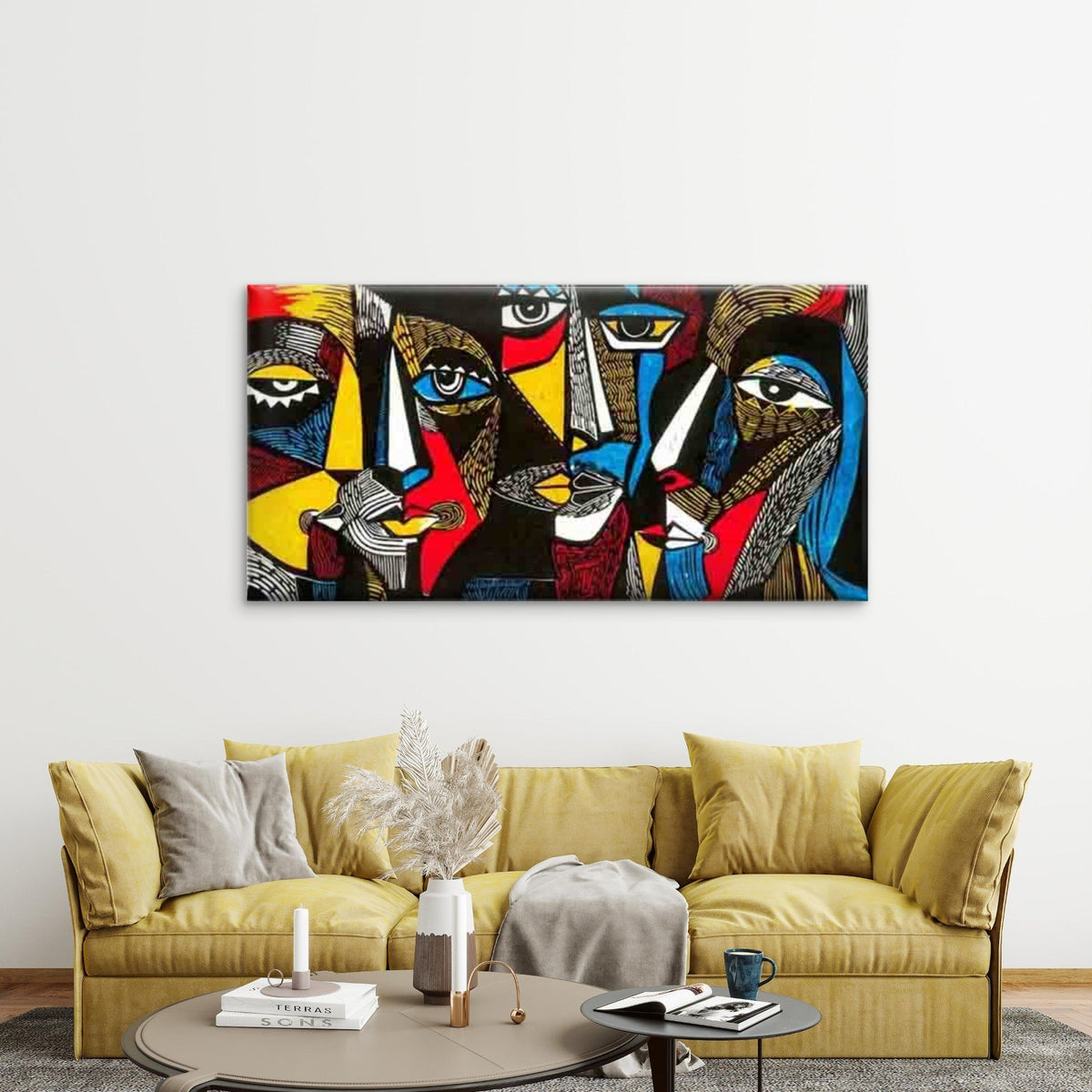 Modern Abstract Faces Wall Art Canvas Office Home Room Framed 80x45cm