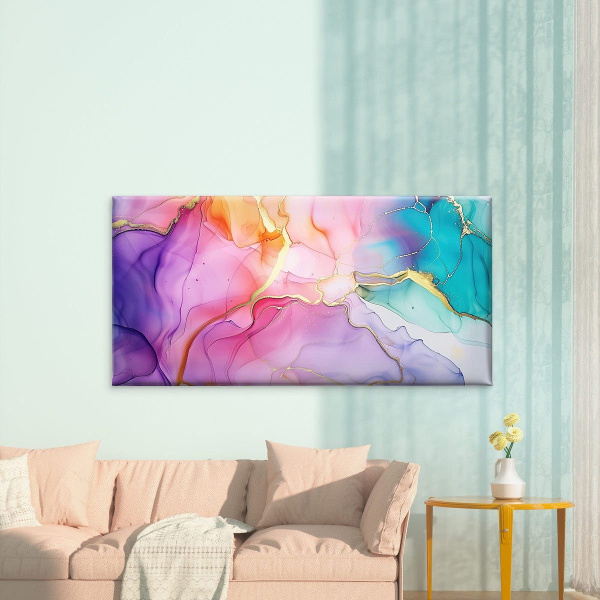Pastel Waves With Gold Wall Art Canvas Office Home Room Framed 120x60cm