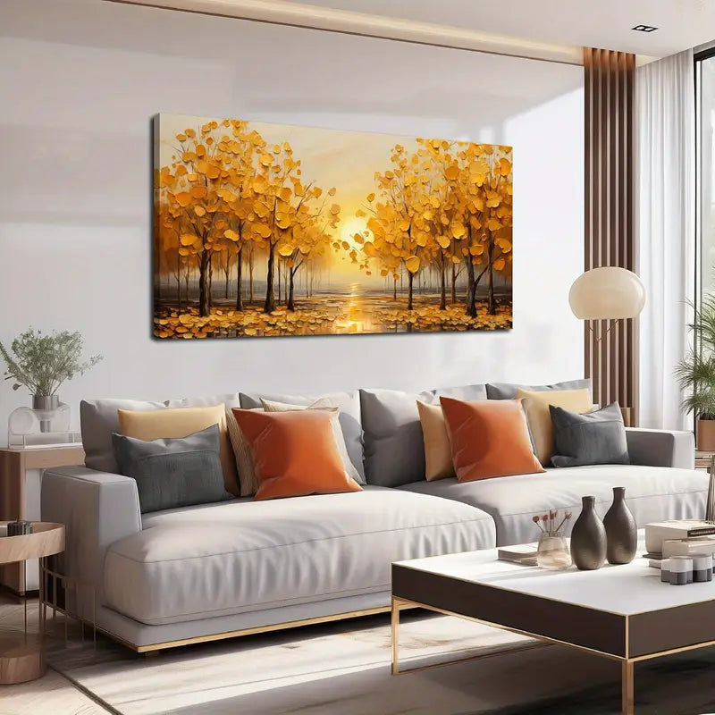 Yellow Leaves Sunset Trees Wall Art canvas office home room framed 120x60cm