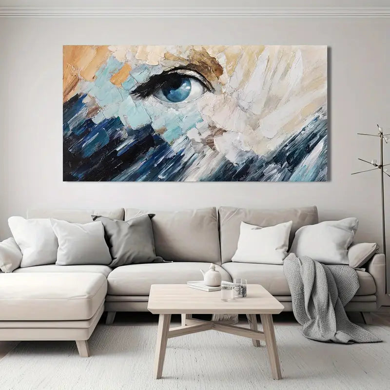Modern Abstract Blue & White Eye Motif Wall Art canvas office home room framed 120x60cm