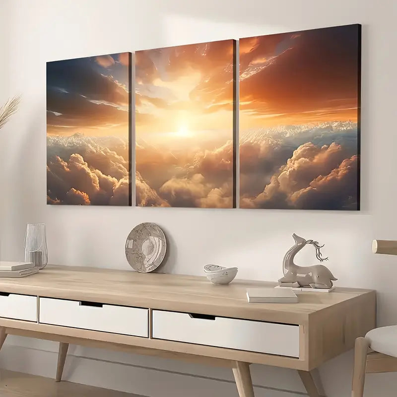 3pcs Modern Sky Cloud Golden Sunrise Wall Art Set Canvas Framed 40x60cm - High Quality Print 100% Australian Made Wall Canvas Ready to Hang