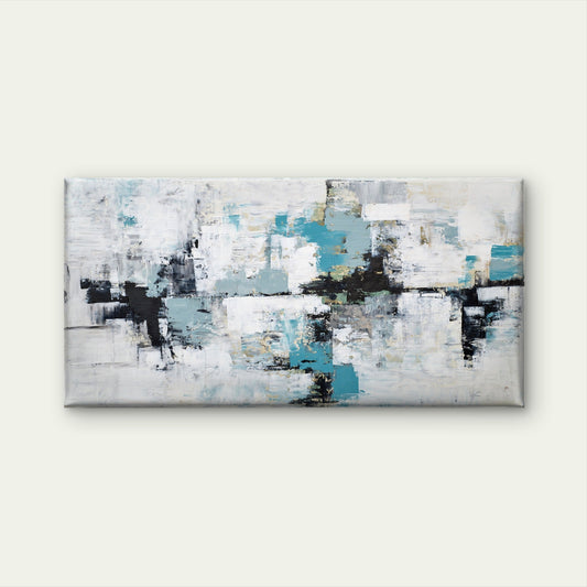 Teal Grey Block Abstract Wall Art Canvas Office Home Room Framed 80x45cm