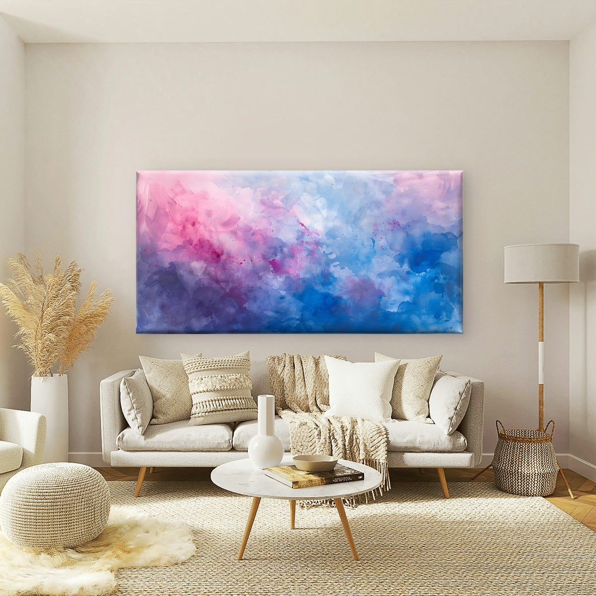 Pink and Blue Cloudscape Wall Art Canvas Office Home Room Framed 80x45cm