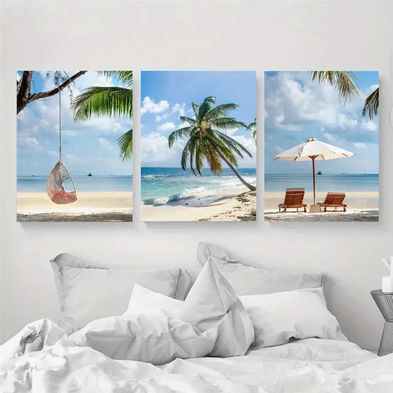 3pcs Coconut Palm Tree, Loungers & Umbrella Scene Metal Print Ready to Hang Art