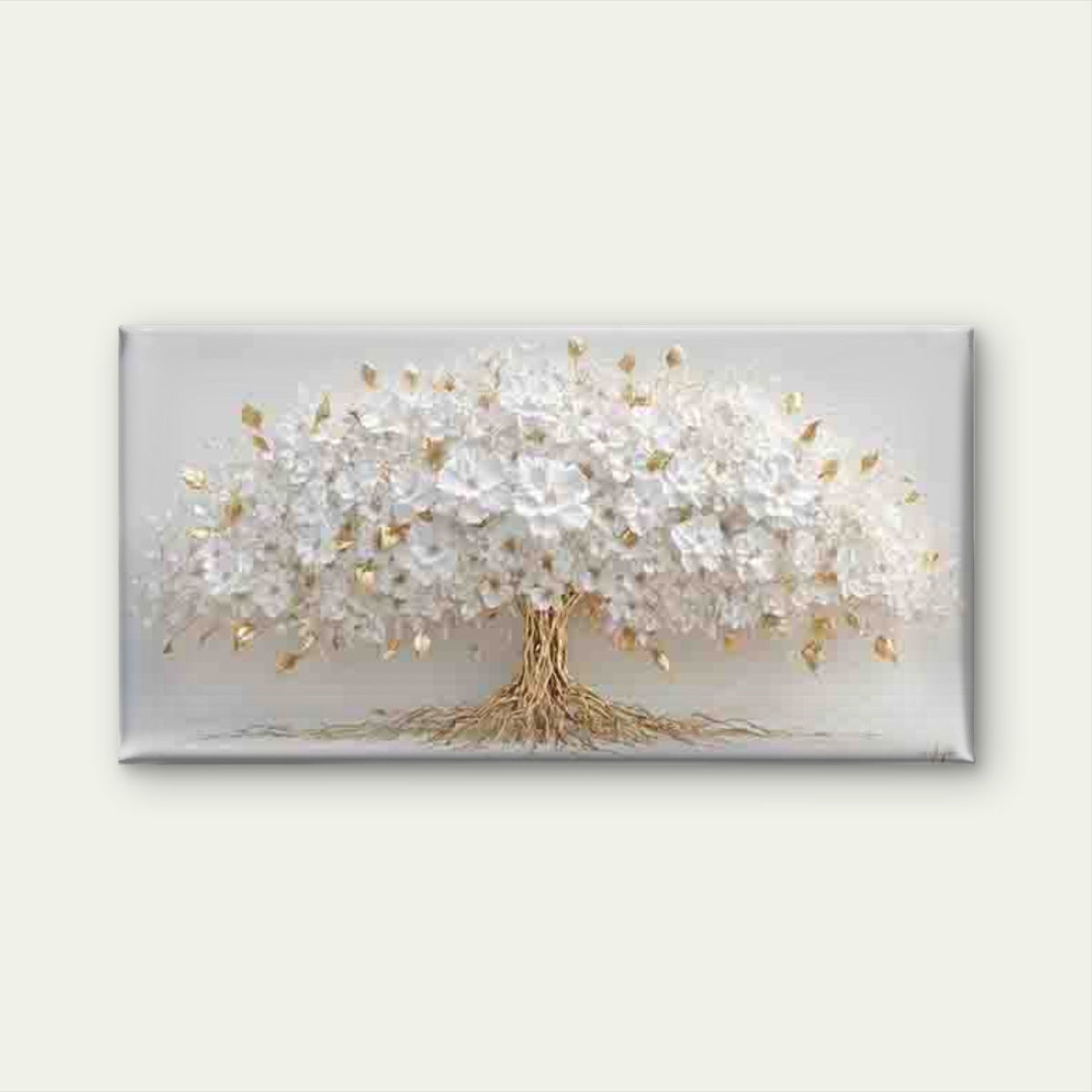 Golden Tree of White Flowers Wall Art Canvas Office Home Room Framed 80x45cm
