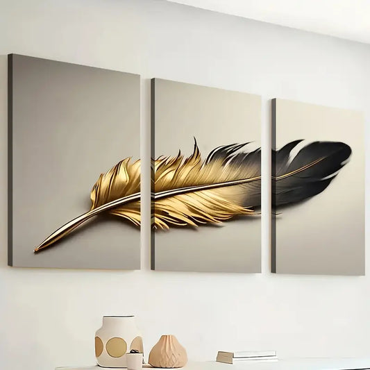 3pcs Modern Fashion Golden Feather Light Luxury Art Wall Art Set Canvas Framed 40x60cm - High Quality Print 100% Australian Made Wall Canvas Ready to Hang