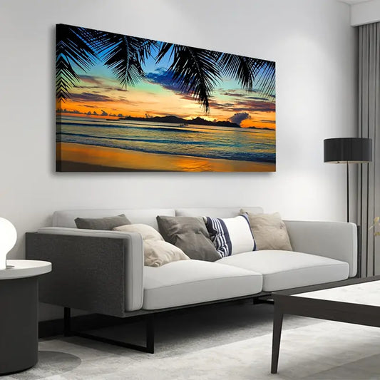 Tropical Beach Sunset Vibrant Ocean Palm Trees & Sandy Shoreline Wall Art canvas office home room framed 120x60cm