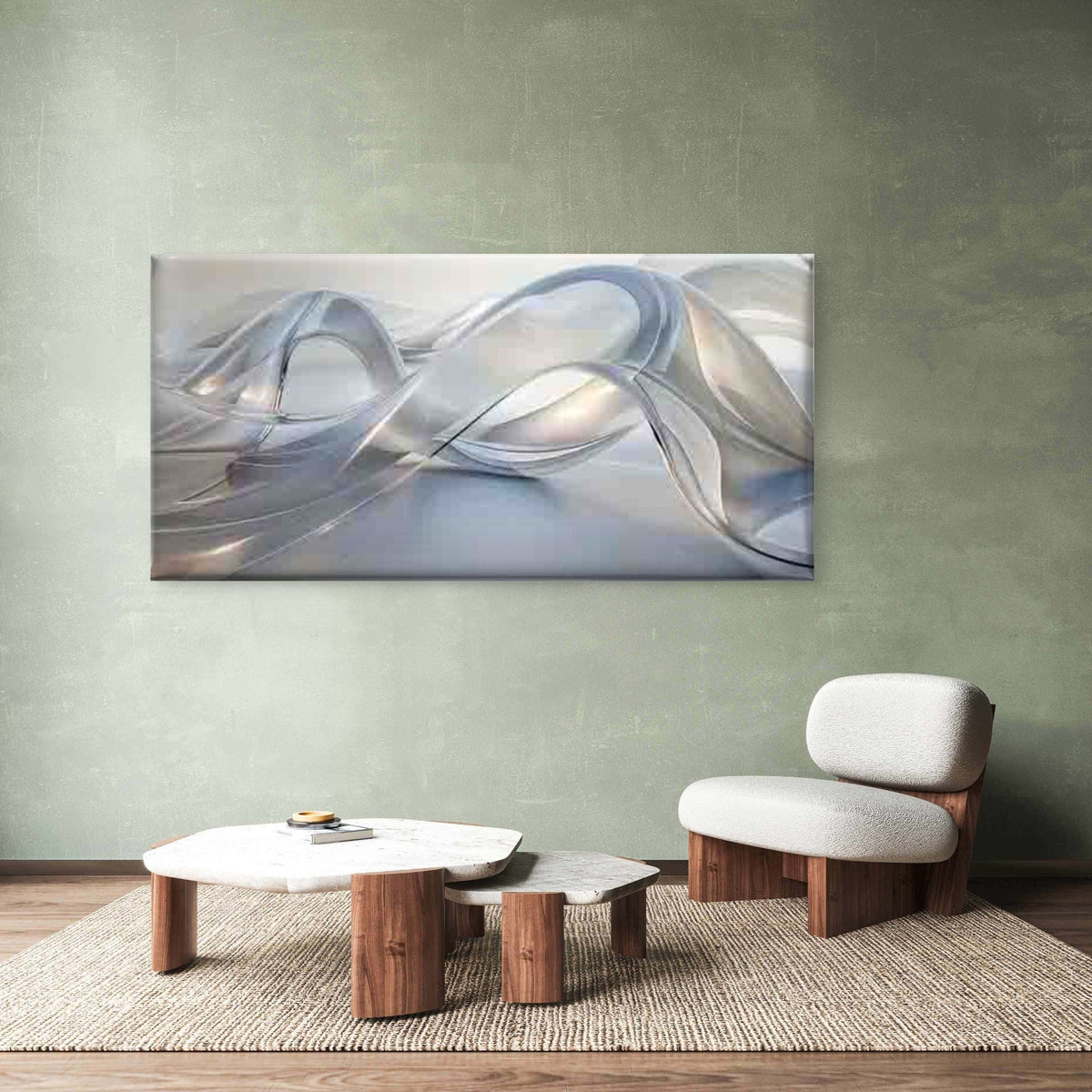 Abstract Silver Fluid Waves Wall Art Canvas Office Home Room Framed 80x45cm