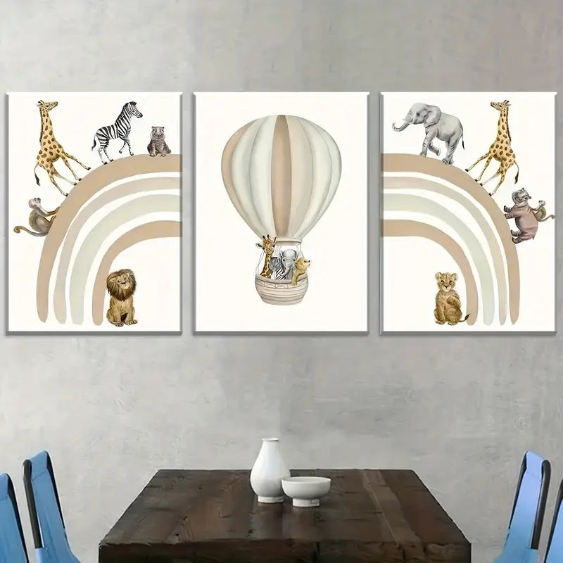 3pcs Modern Fashion Hot Air Balloon Animal Abstract Art Wall Art Set Canvas Framed 40x60cm - High Quality Print 100% Australian Made Wall Canvas Ready to Hang
